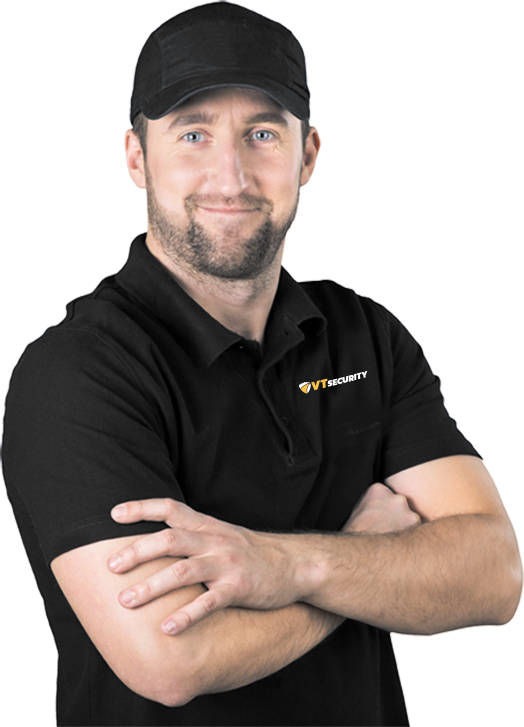 Mobile app interface displaying home security features, including doorbell camera view, front door status, and smart home controls, emphasizing seamless integration and remote monitoring for VT Security by Toner's services.