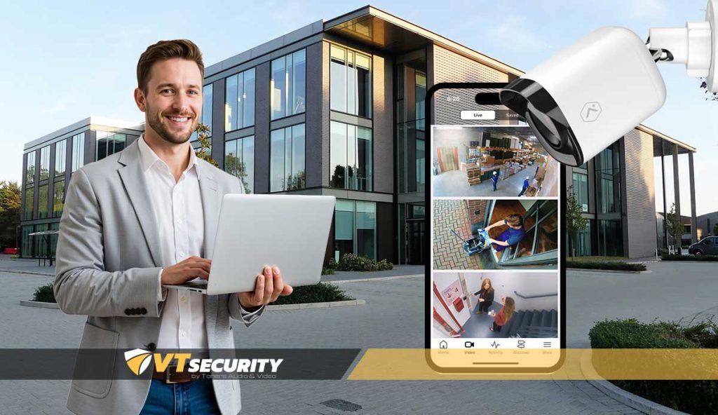 Man holding laptop with VT Security logo, showcasing integrated video surveillance on smartphone, modern commercial building in background, emphasizing security technology in Burlington, VT.