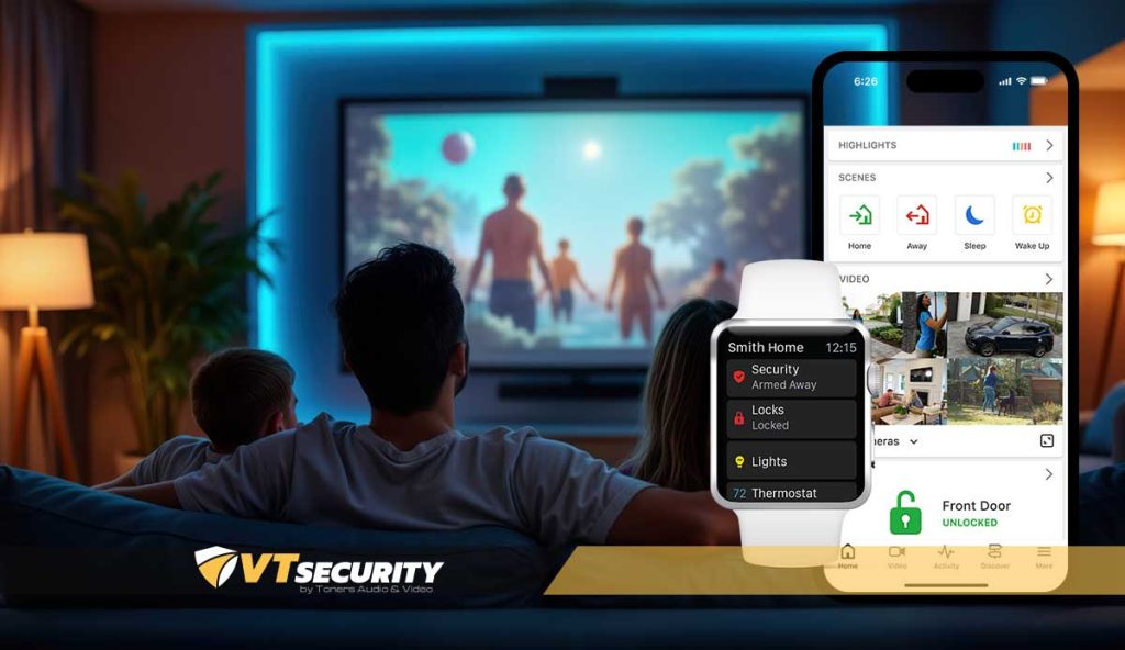 Family enjoying a movie at home with smart security app displayed on a smartwatch, highlighting integration of entertainment and security solutions by VT Security in Burlington, VT.